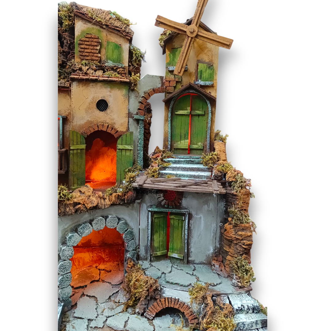 Presepe Caseggiato con Mulino 62x40x64