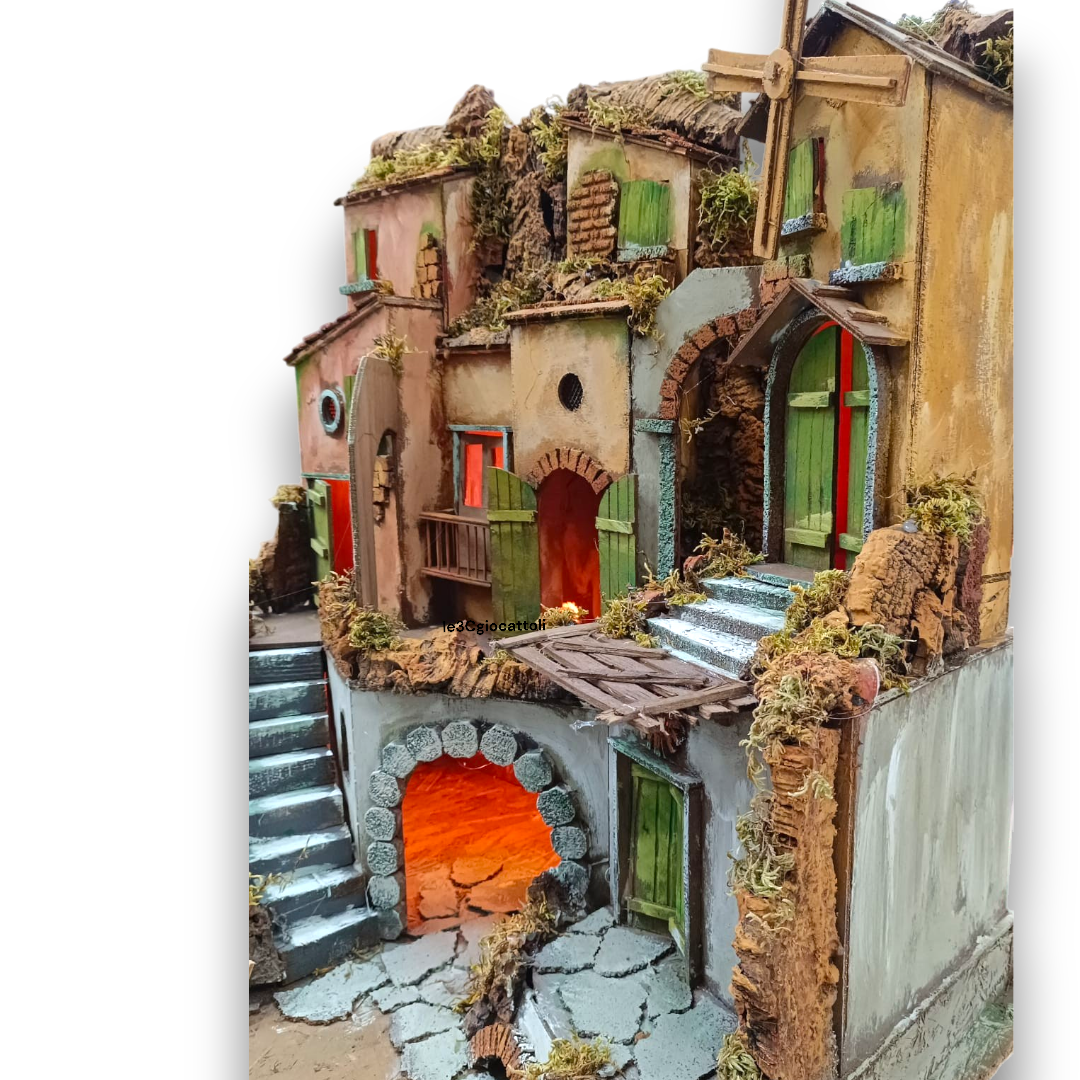 Presepe Caseggiato con Mulino 62x40x64